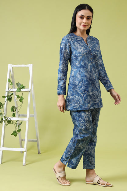 Blue Floral Printed Pure Cotton Tunic and Pants Co-ord Set