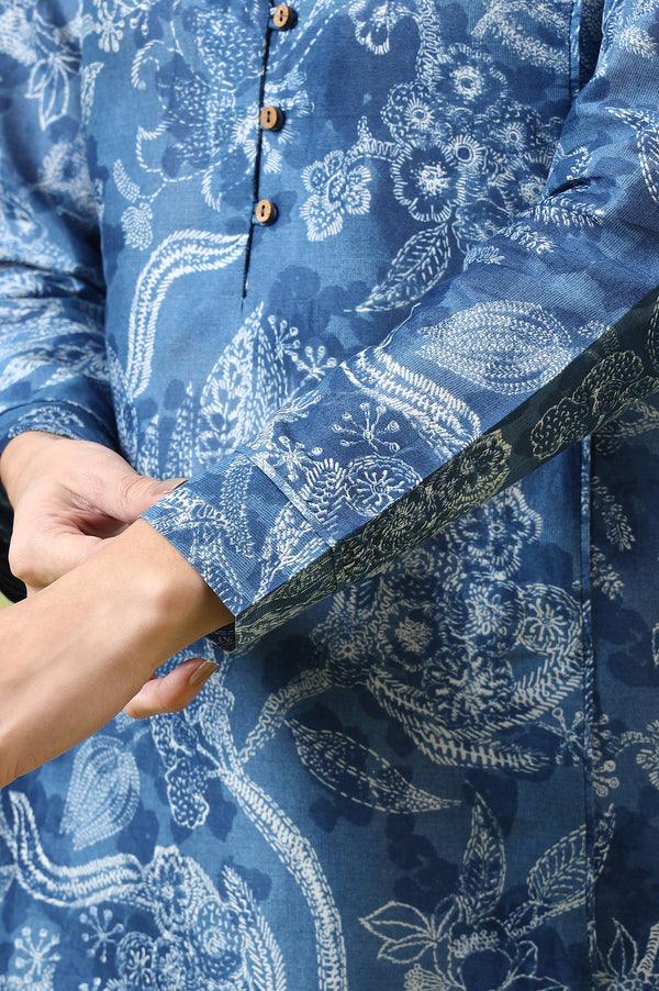 Blue Floral Printed Pure Cotton Tunic and Pants Co-ord Set