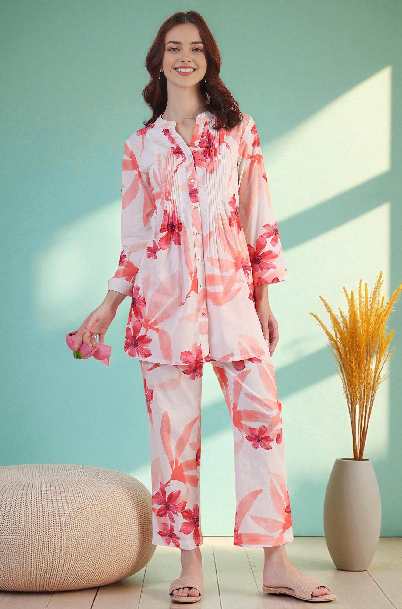 White Bold Floral Printed Pure Cotton Tunic and Straight Pants Co-ord Set