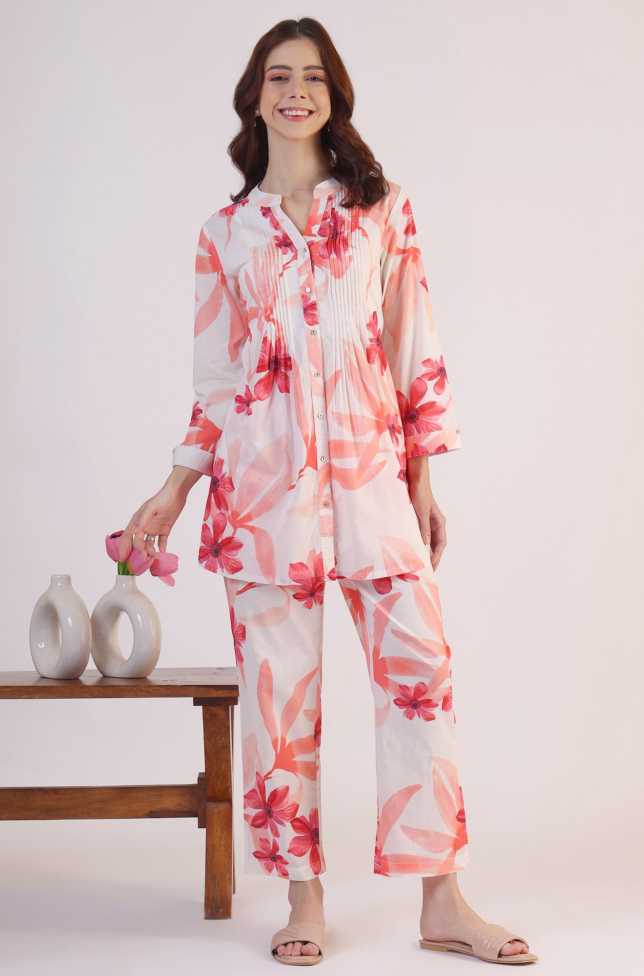 White Bold Floral Printed Pure Cotton Tunic and Straight Pants Co-ord Set