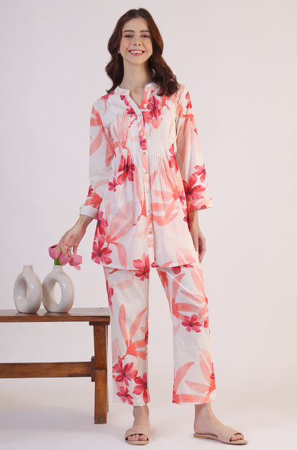White Bold Floral Printed Pure Cotton Tunic and Straight Pants Co-ord Set