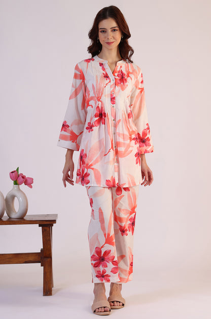 White Bold Floral Printed Pure Cotton Tunic and Straight Pants Co-ord Set