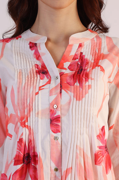 White Bold Floral Printed Pure Cotton Tunic and Straight Pants Co-ord Set