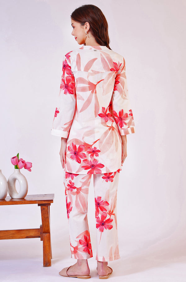 White Bold Floral Printed Pure Cotton Tunic and Straight Pants Co-ord Set