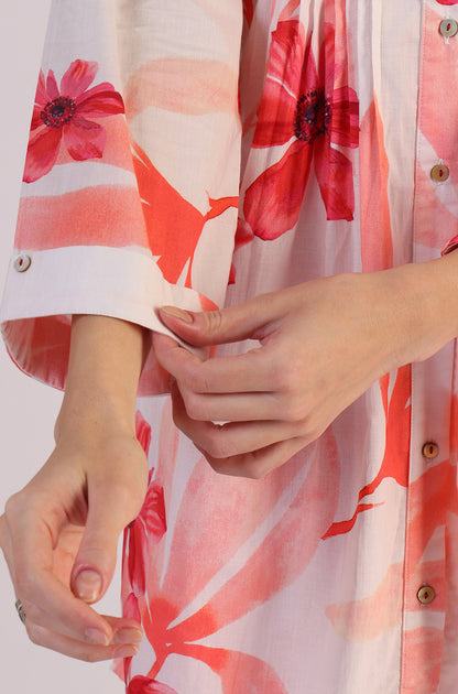 White Bold Floral Printed Pure Cotton Tunic and Straight Pants Co-ord Set