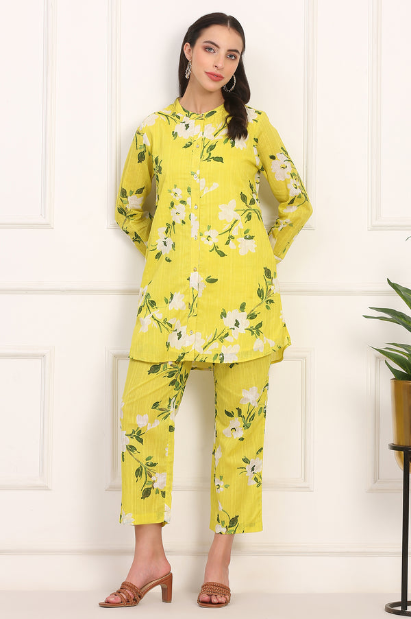 Yellow Floral Printed Straight Cotton Stripe Tunic and Pants Co-ord Set