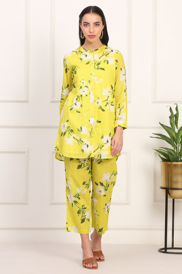 Yellow Floral Printed Straight Cotton Stripe Tunic and Pants Co-ord Set
