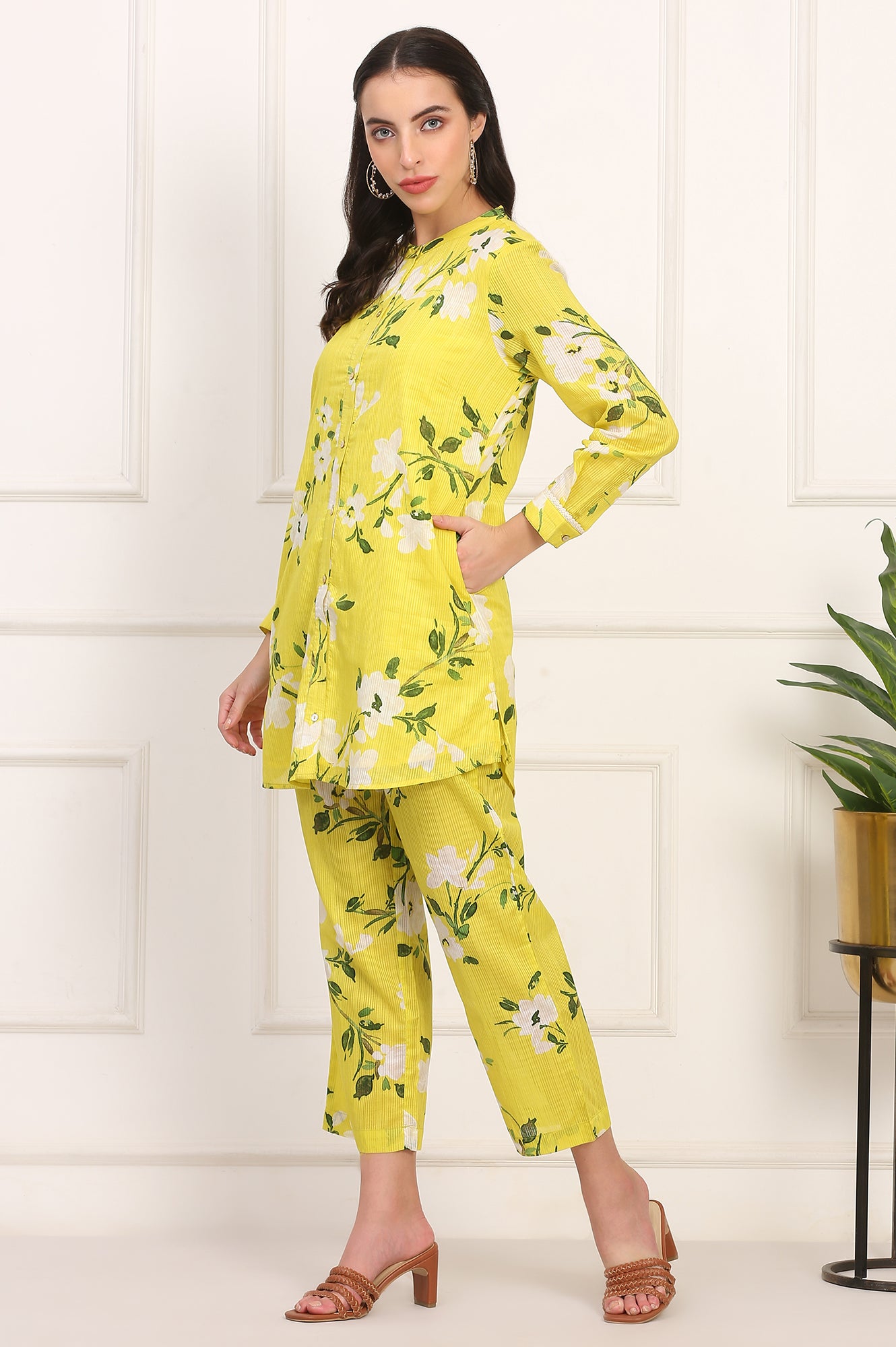 Yellow Floral Printed Straight Cotton Stripe Tunic and Pants Co-ord Set