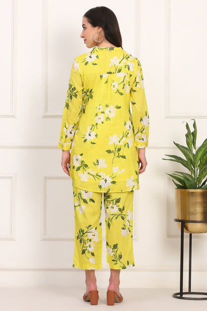 Yellow Floral Printed Straight Cotton Stripe Tunic and Pants Co-ord Set