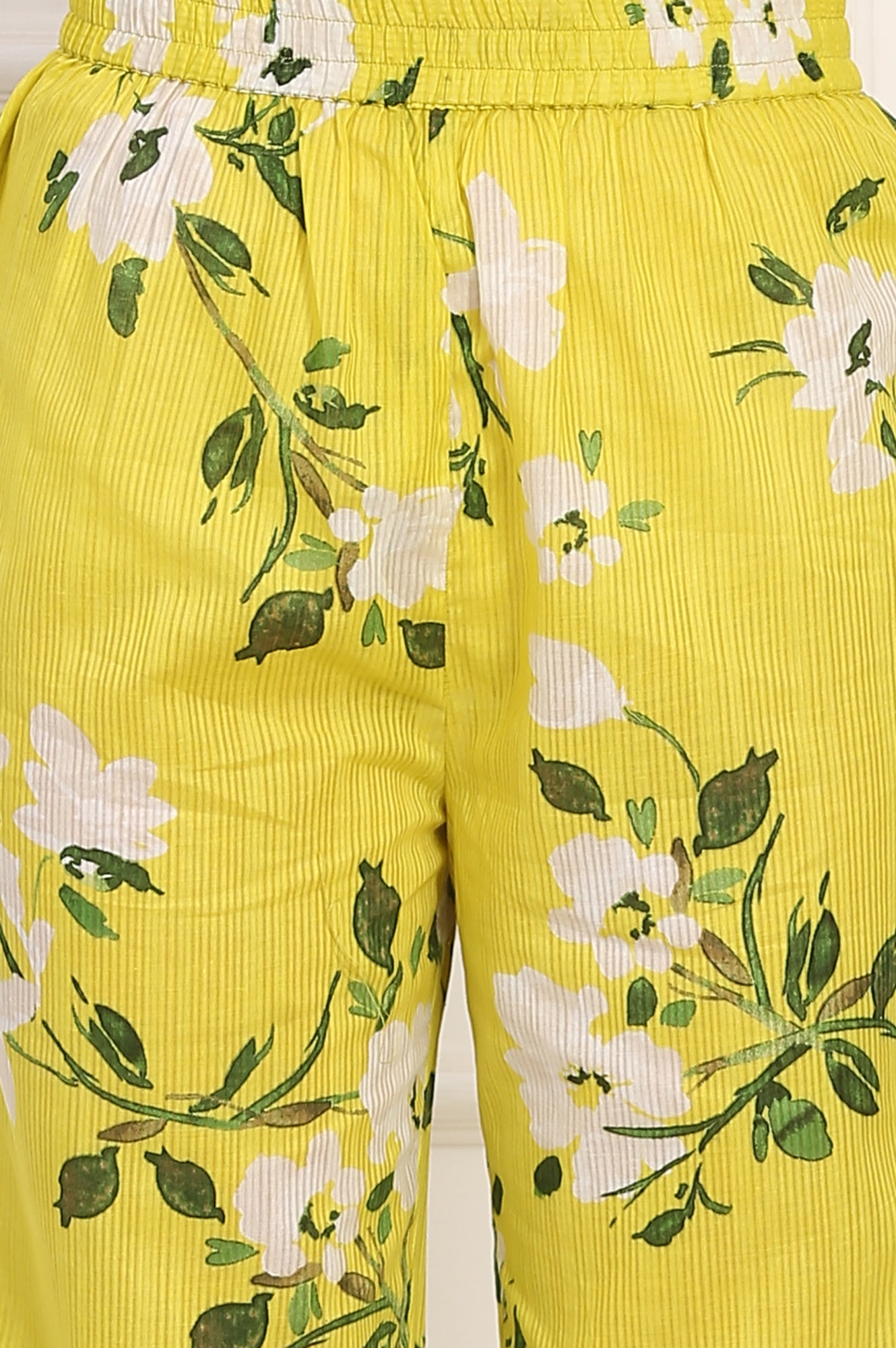 Yellow Floral Printed Straight Cotton Stripe Tunic and Pants Co-ord Set