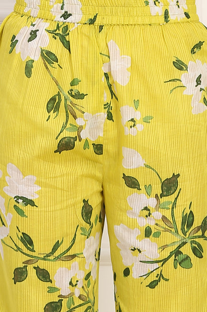 Yellow Floral Printed Straight Cotton Stripe Tunic and Pants Co-ord Set