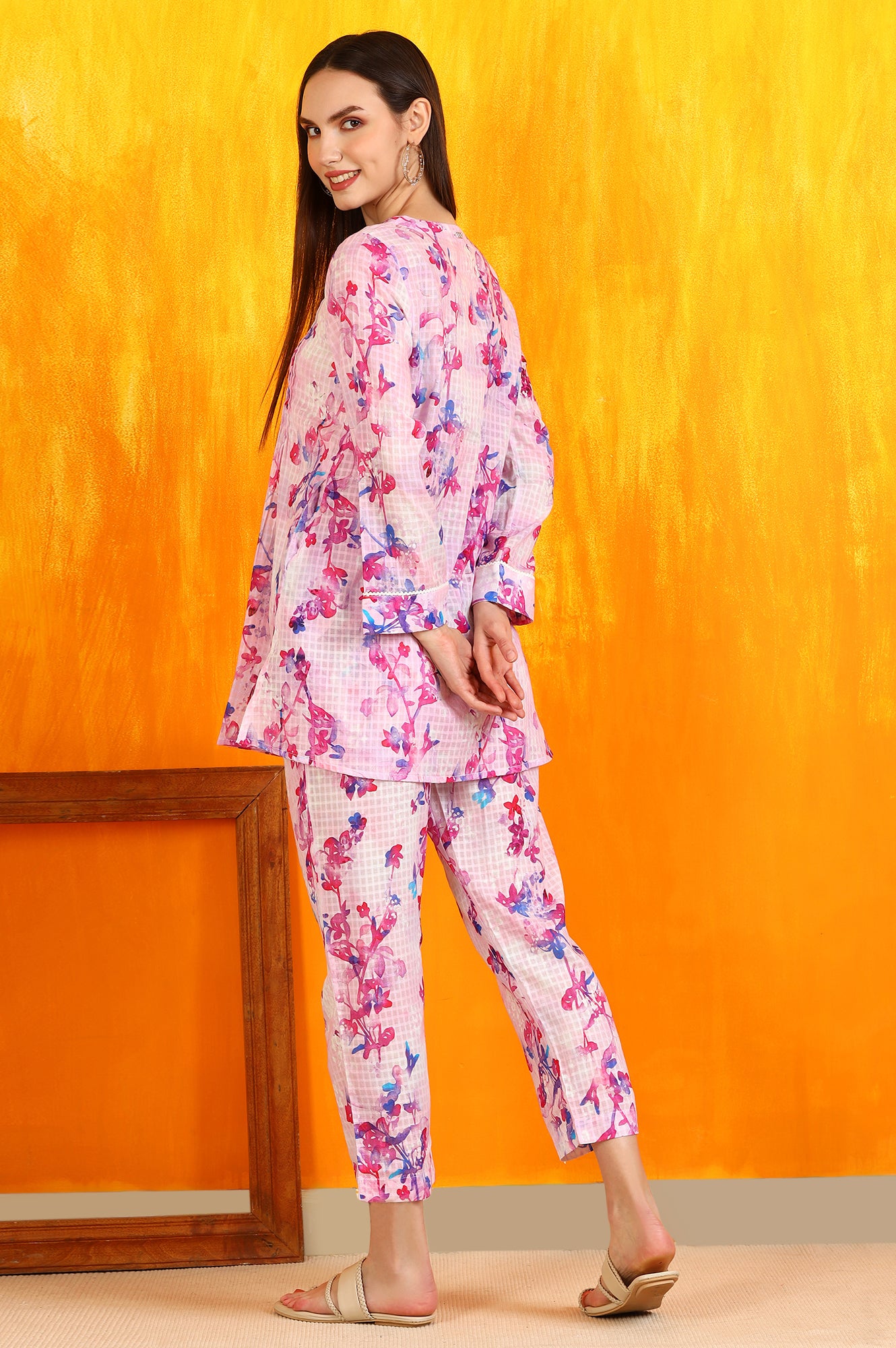 Pink Floral Printed Textured Cotton Short Tunic and Pants Co-ord Set