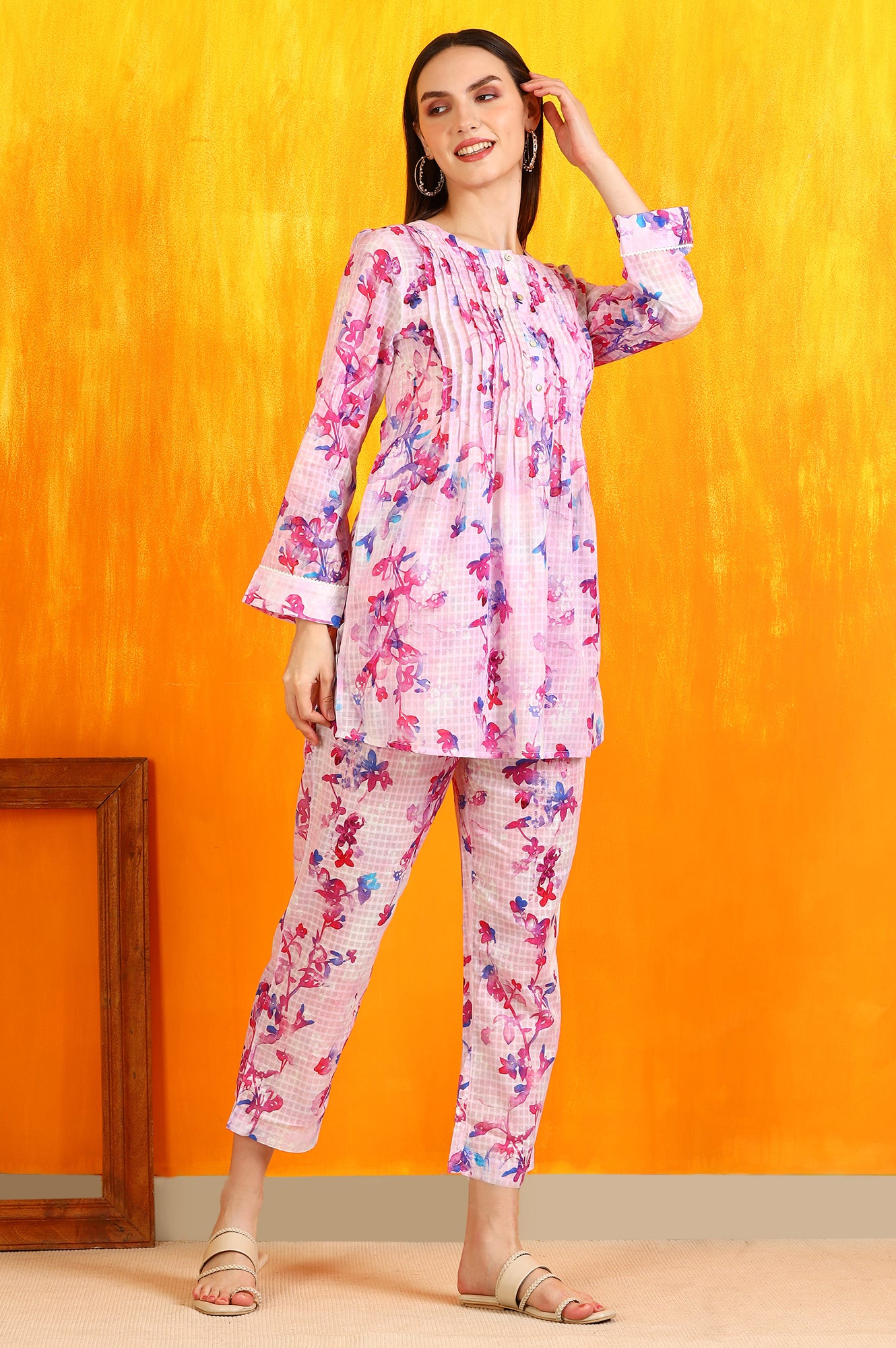 Pink Floral Printed Textured Cotton Short Tunic and Pants Co-ord Set