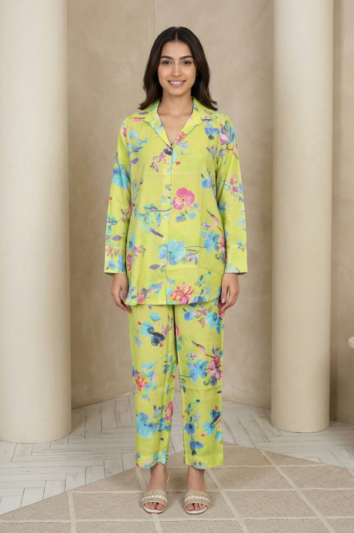 Lime Green Floral Printed Straight Shirt with Pants Co-ord Set - XS