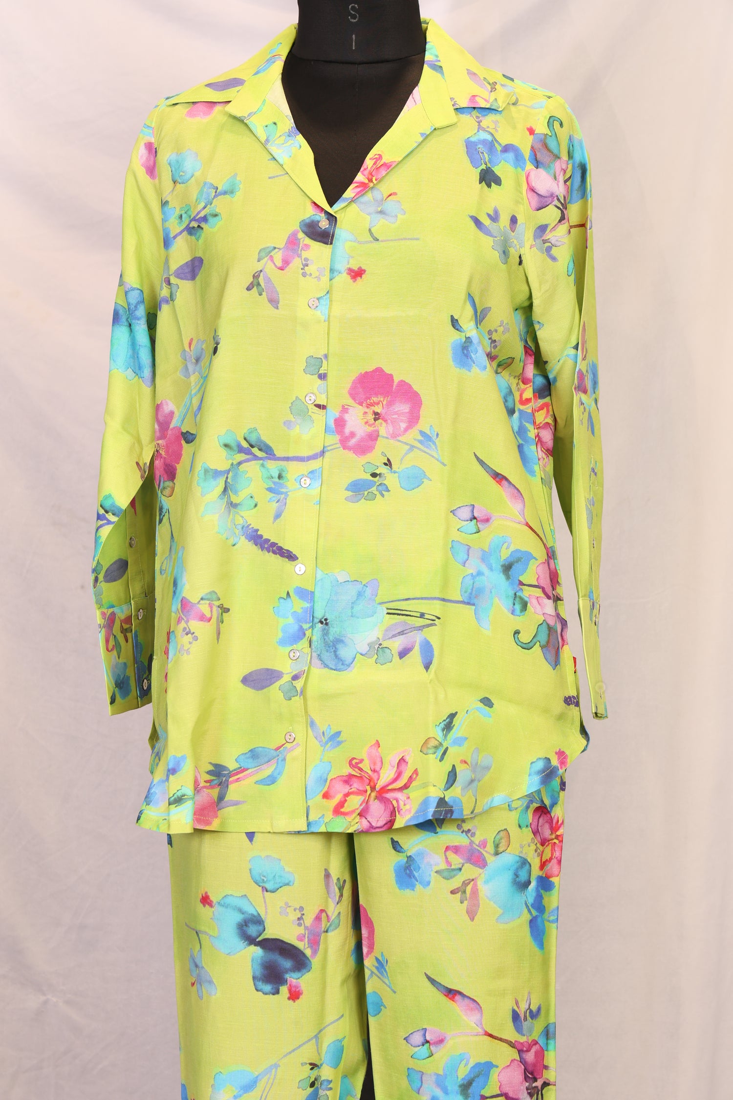 Lime Green Floral Printed Straight Shirt with Pants Co-ord Set