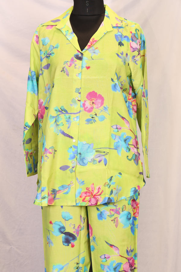 Lime Green Floral Printed Straight Shirt with Pants Co-ord Set