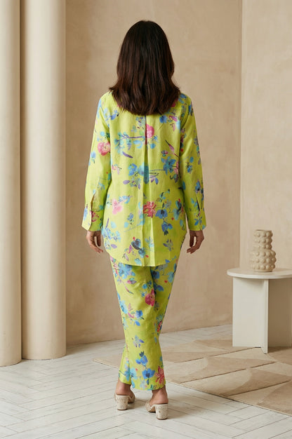 Lime Green Floral Printed Straight Shirt with Pants Co-ord Set