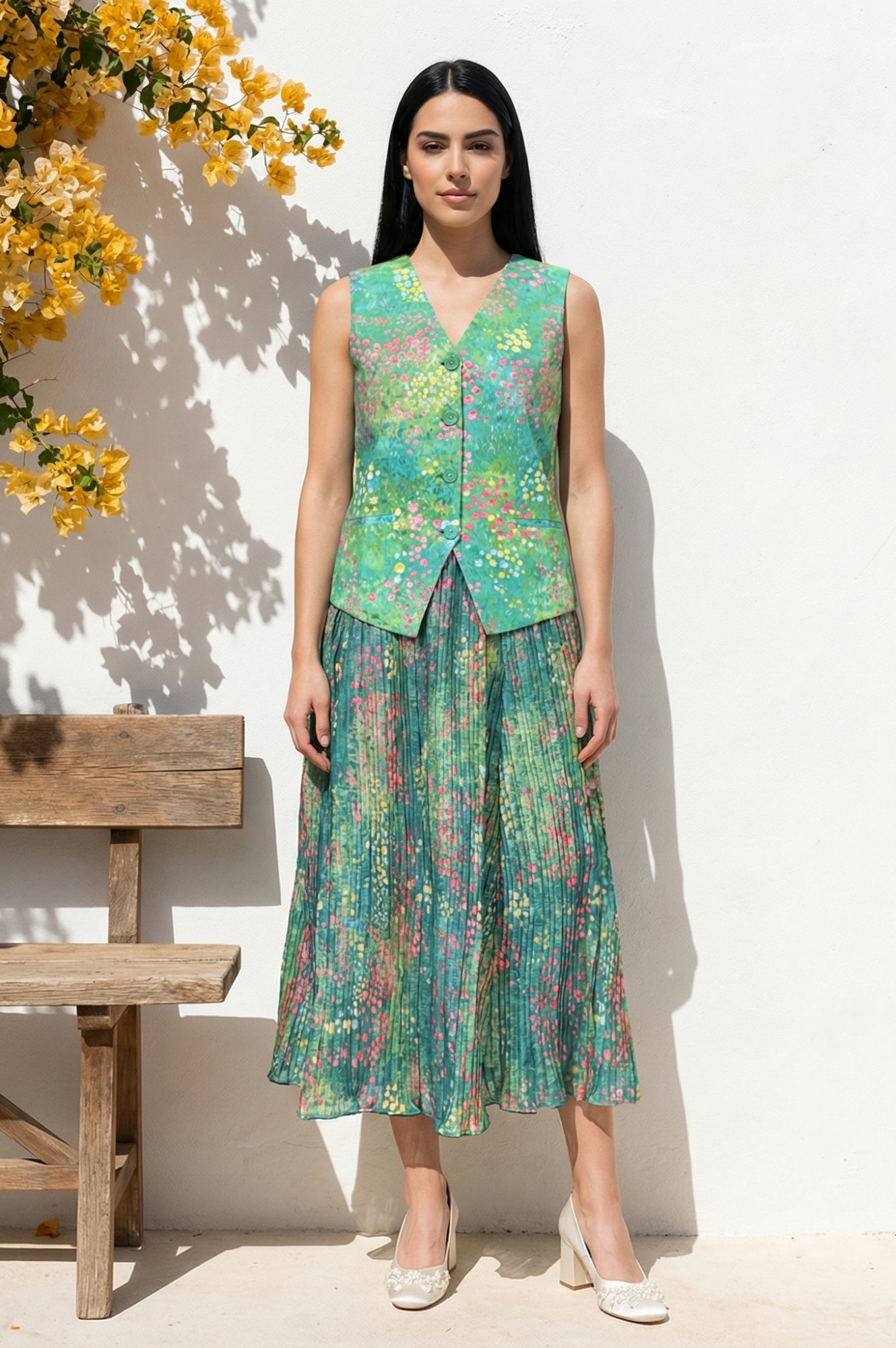 Green Floral Printed Pure Cotton Straight Waist Coat and Skirt Co-ord Set