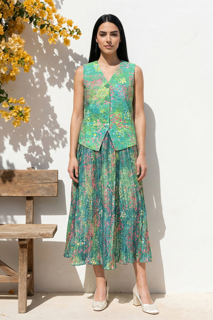 Green Floral Printed Pure Cotton Straight Waist Coat and Skirt Co-ord Set
