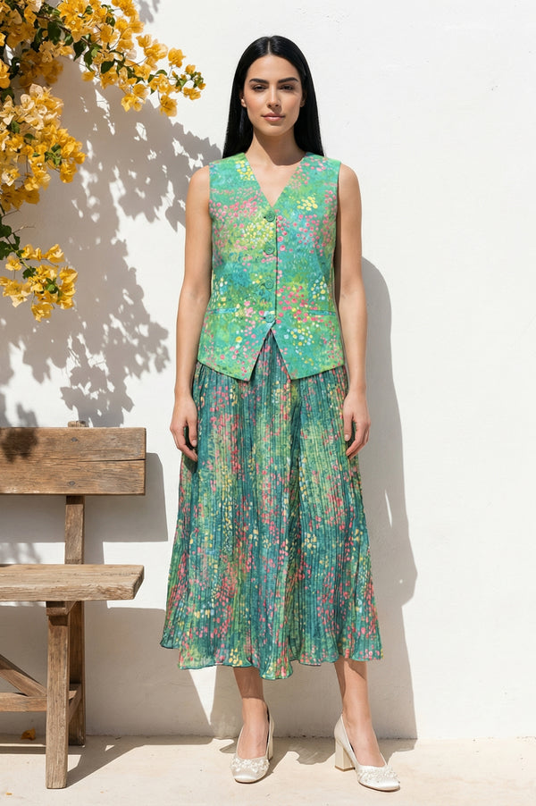 Green Floral Printed Pure Cotton Straight Waist Coat and Skirt Co-ord Set