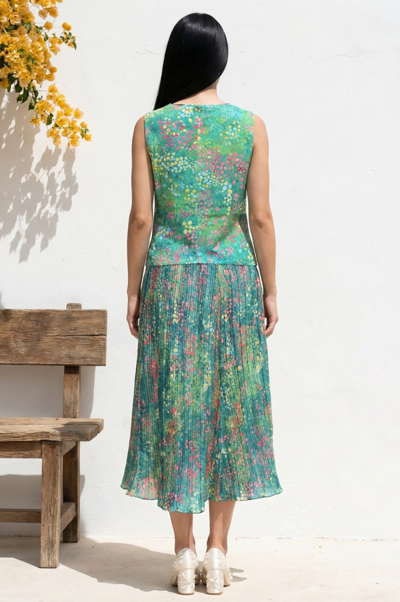 Green Floral Printed Pure Cotton Straight Waist Coat and Skirt Co-ord Set