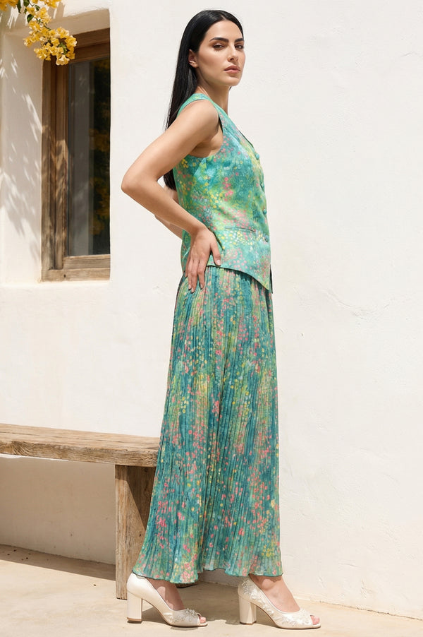 Green Floral Printed Pure Cotton Straight Waist Coat and Skirt Co-ord Set