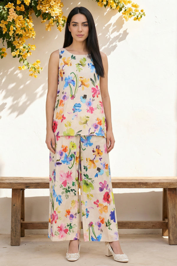 Multicolor Floral Printed Cotton Blend Straight Top and Pants Co-ord Set