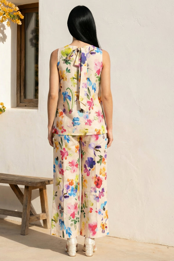 Multicolor Floral Printed Cotton Blend Straight Top and Pants Co-ord Set