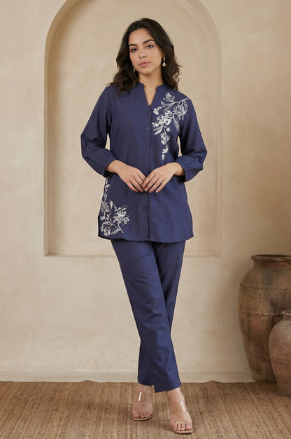 Navy Blue Embroidered Rayon Straight Shirt with Pants Co-ord Set
