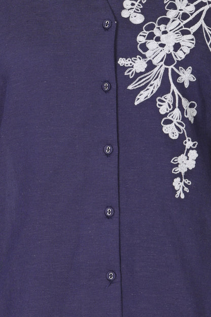 Navy Blue Embroidered Rayon Straight Shirt with Pants Co-ord Set
