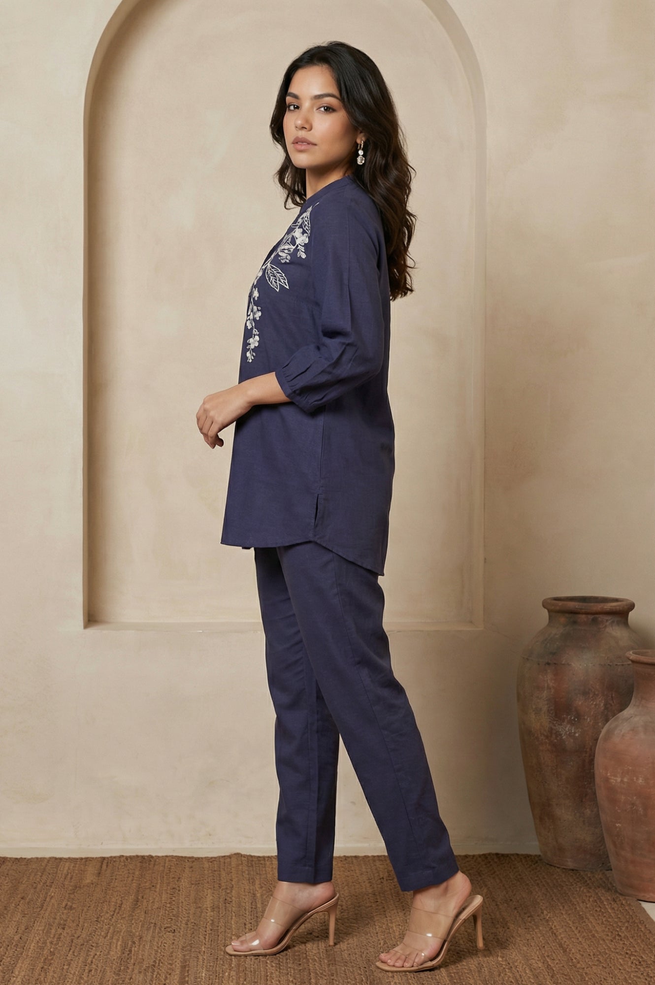 Navy Blue Embroidered Rayon Straight Shirt with Pants Co-ord Set