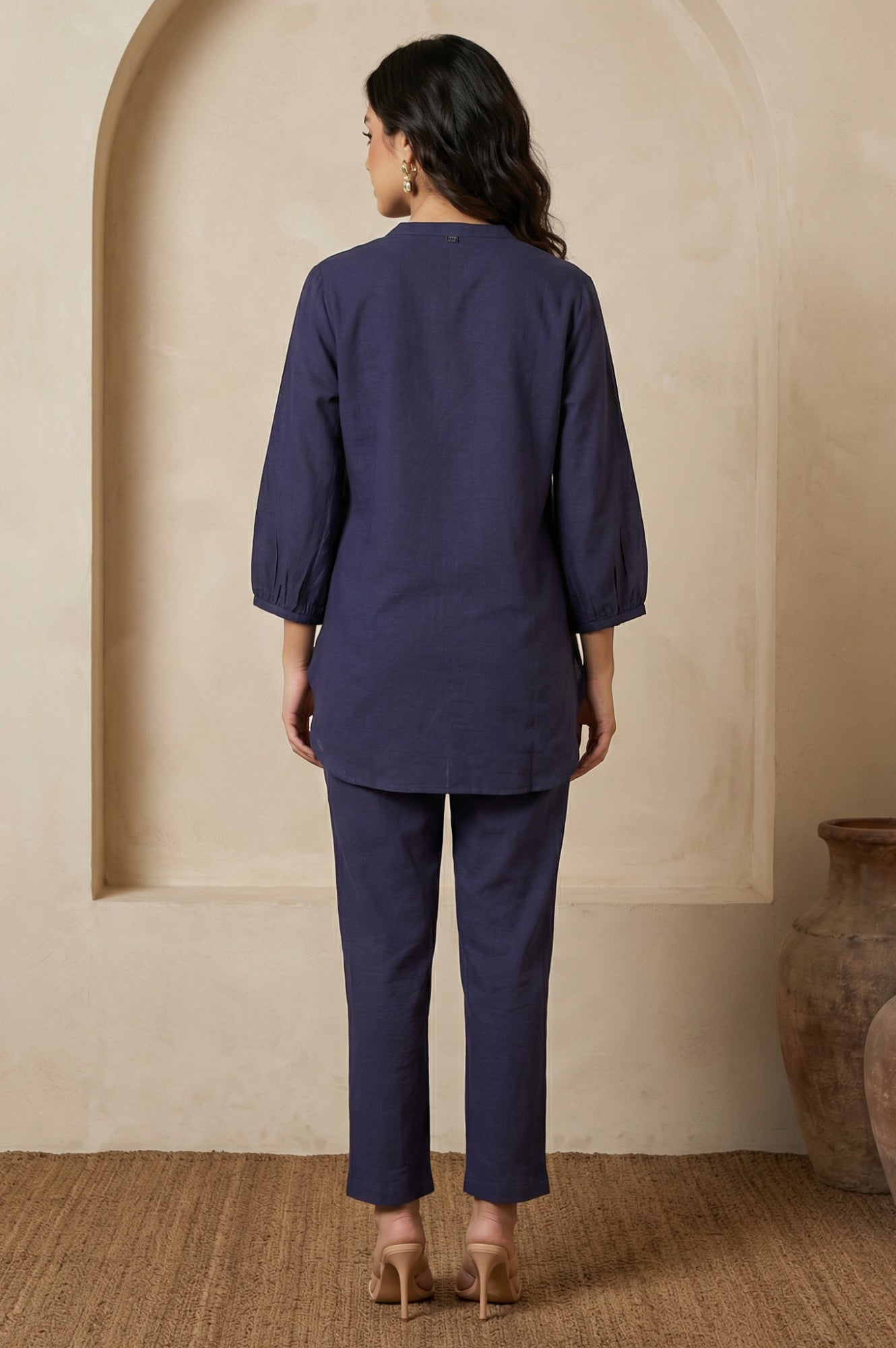 Navy Blue Embroidered Rayon Straight Shirt with Pants Co-ord Set