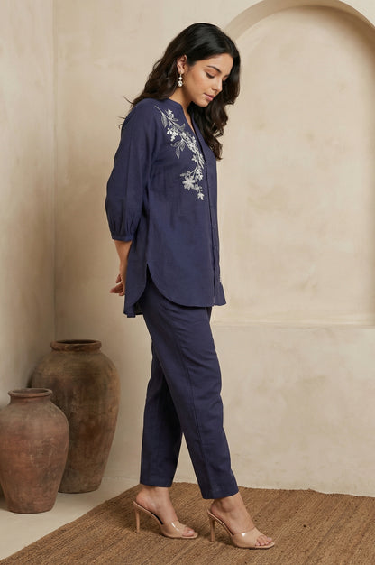 Navy Blue Embroidered Rayon Straight Shirt with Pants Co-ord Set