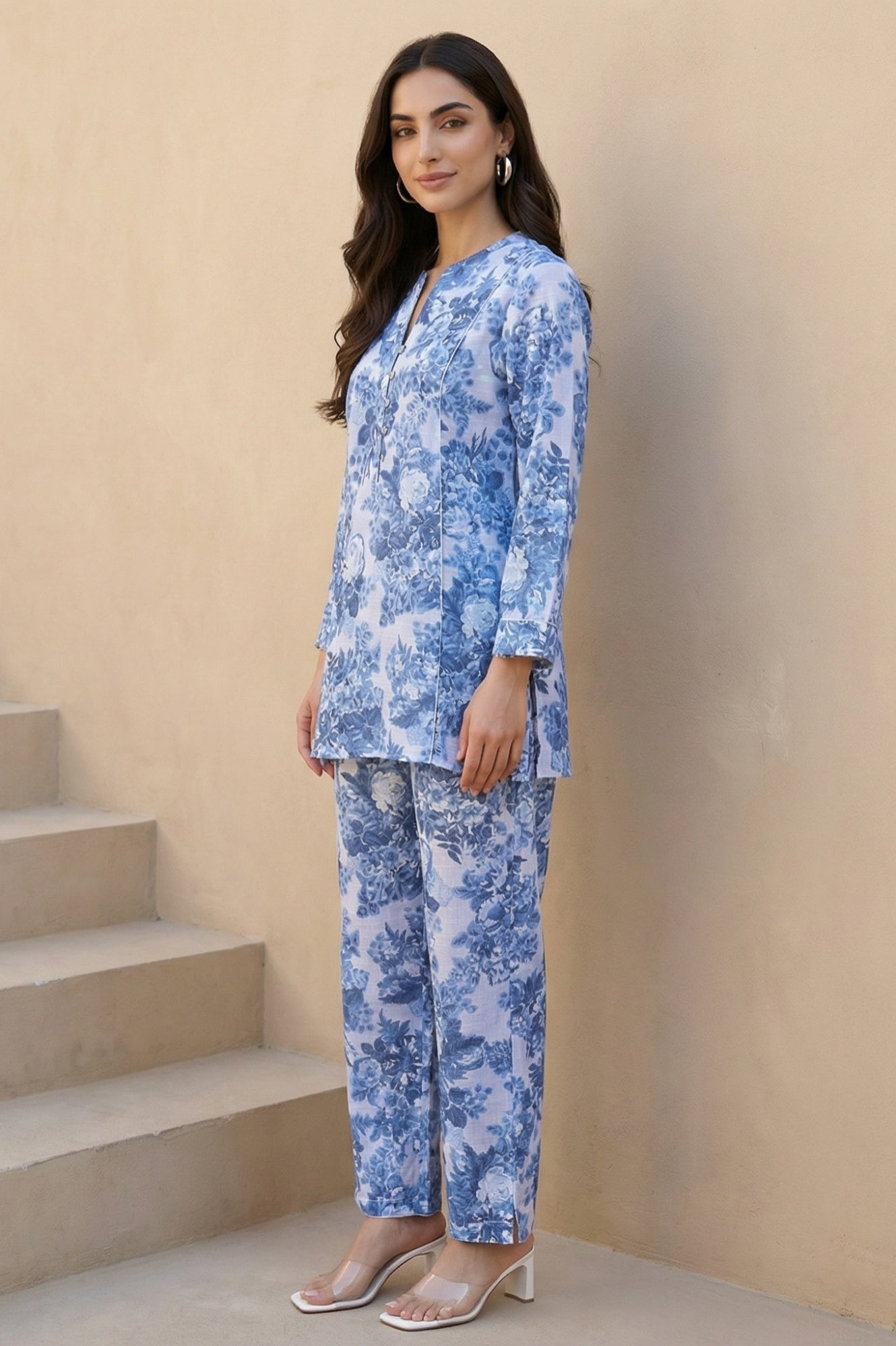 Blue Floral Printed Pure Cotton Straight Tunic with Pants Co-ord Set