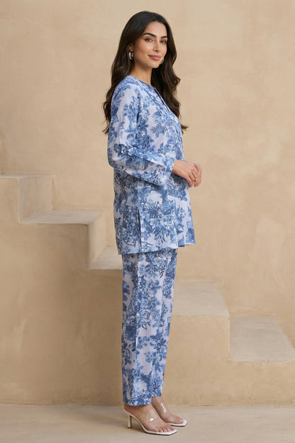 Blue Floral Printed Pure Cotton Straight Tunic with Pants Co-ord Set