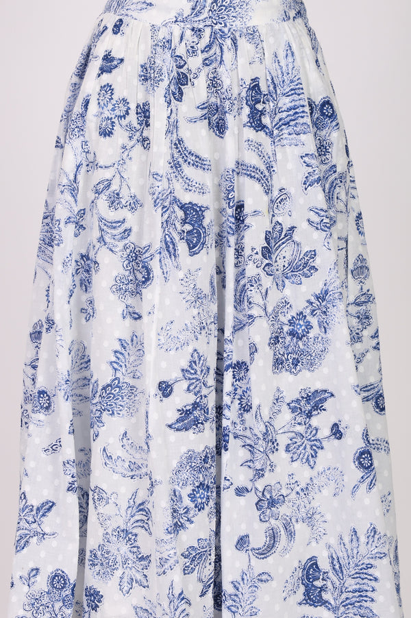 White Floral Printed Pure Cotton Sleeveless Crop Top and Skirt Co-ord Set