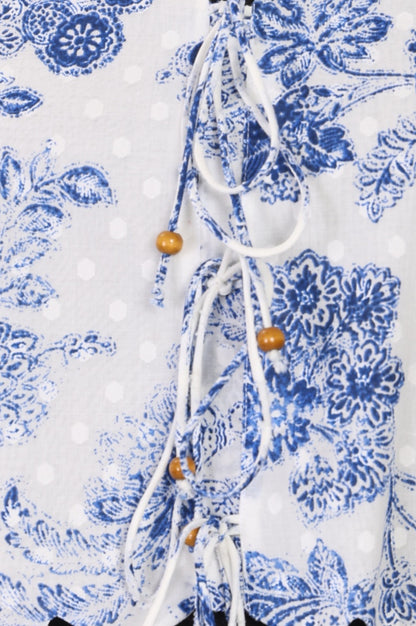 White Floral Printed Pure Cotton Sleeveless Crop Top and Skirt Co-ord Set