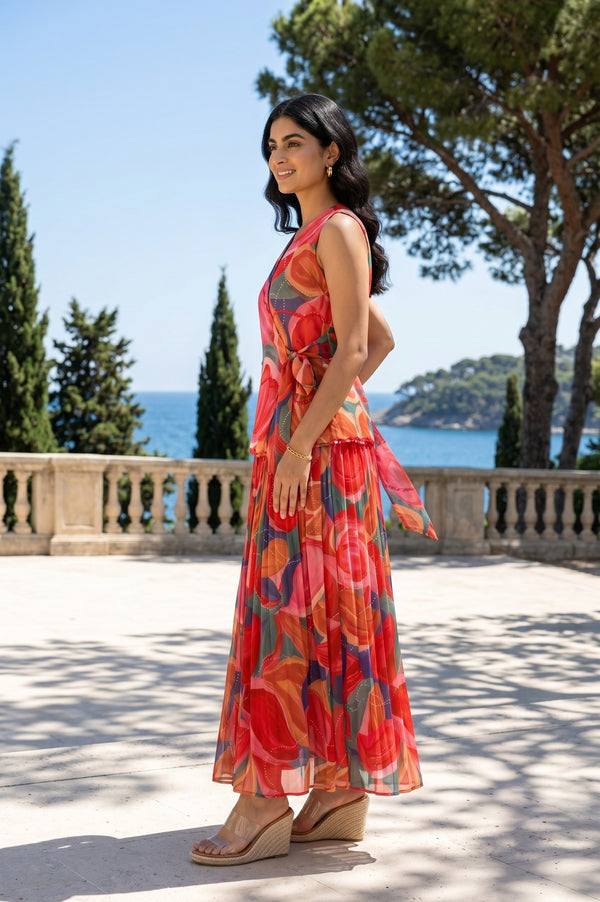 Multi-colour Abstract Printed Sequins Georgette Sleeveless Top With Skirt Co-ord Set
