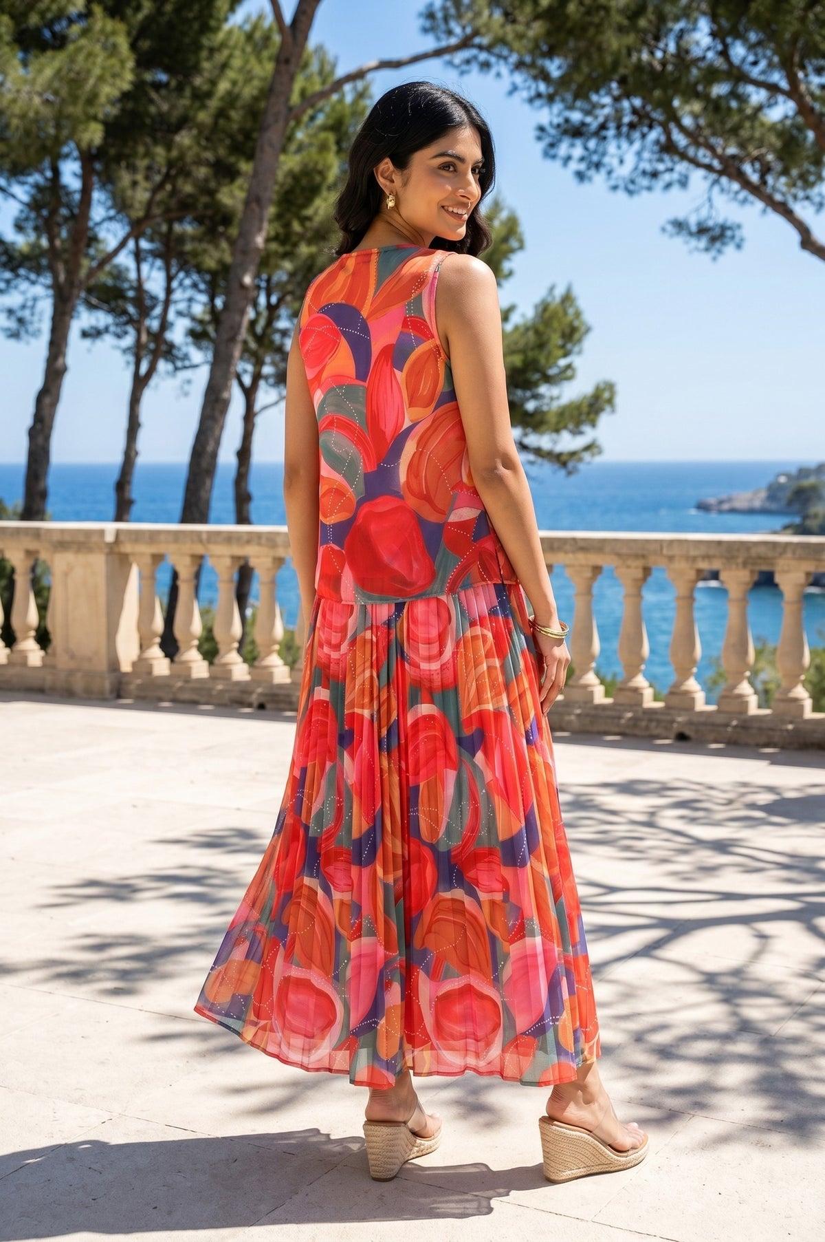 Multi-colour Abstract Printed Sequins Georgette Sleeveless Top With Skirt Co-ord Set