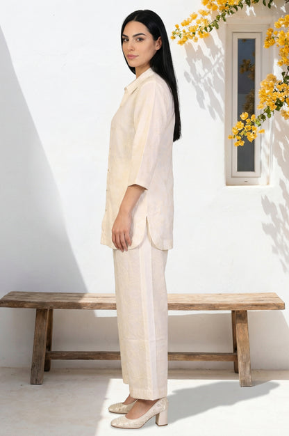 Off White Thread Embroidered Pure Cotton Straight Shirt and Parallel Pants Co-ord Set