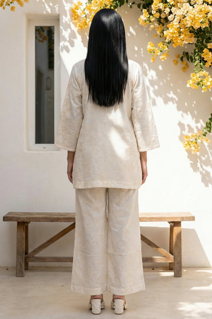 Off White Thread Embroidered Pure Cotton Straight Shirt and Parallel Pants Co-ord Set