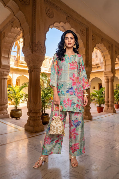 Green Floral Printed Modal Straight Tunic with Parallel Pants Set