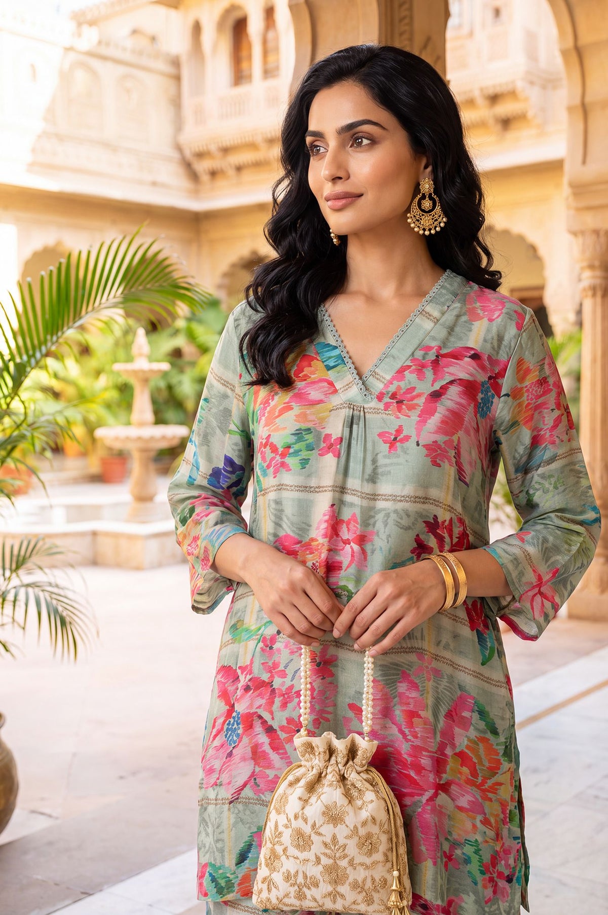 Green Floral Printed Modal Straight Tunic with Parallel Pants Set