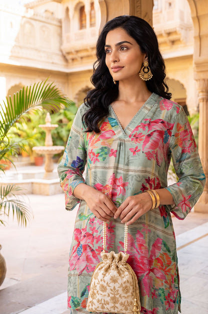 Green Floral Printed Modal Straight Tunic with Parallel Pants Set