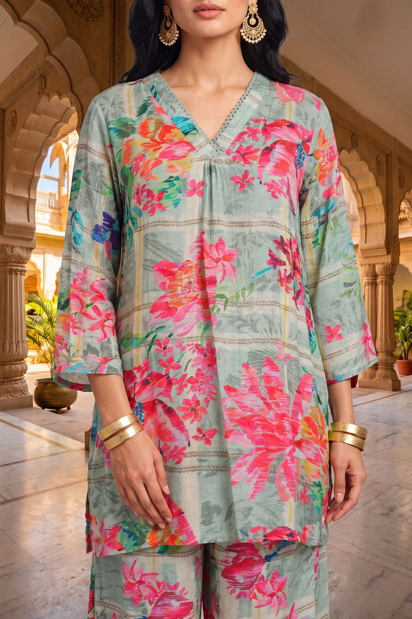 Green Floral Printed Modal Straight Tunic with Parallel Pants Set