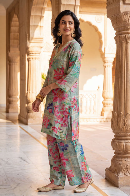 Green Floral Printed Modal Straight Tunic with Parallel Pants Set