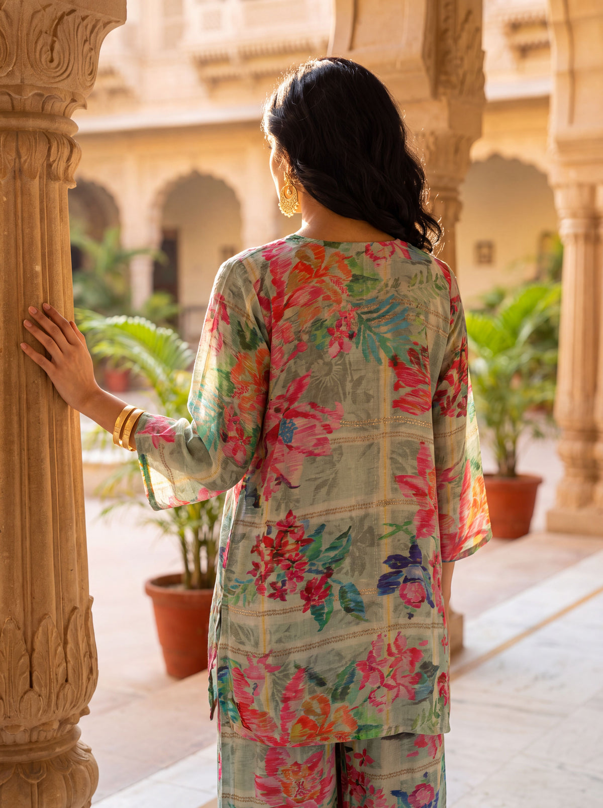 Green Floral Printed Modal Straight Tunic with Parallel Pants Set