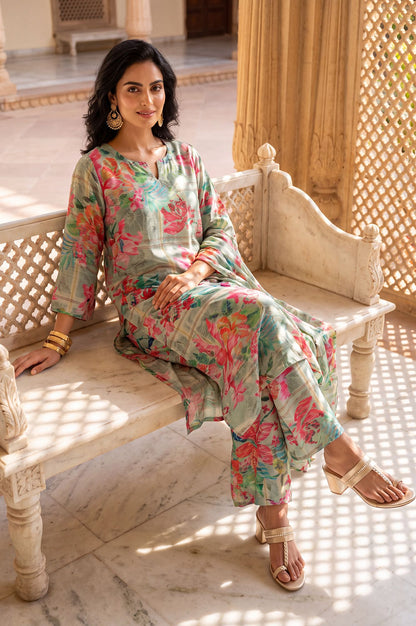 Green Floral Printed Modal Straight Tunic with Parallel Pants Set