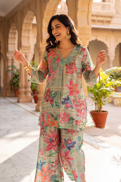 Green Floral Printed Modal Straight Tunic with Parallel Pants Set