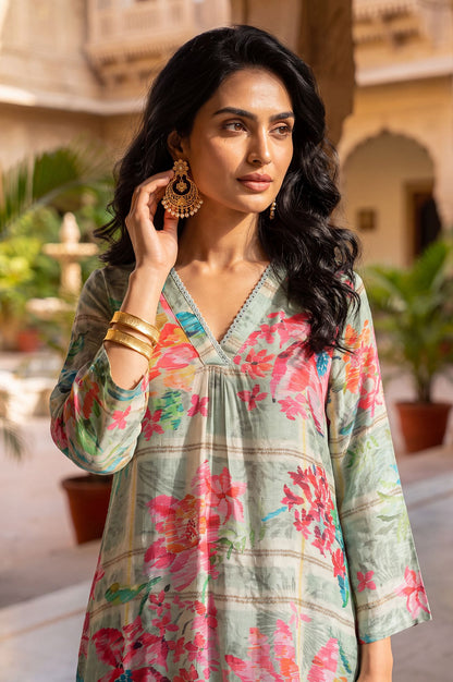 Green Floral Printed Modal Straight Tunic with Parallel Pants Set